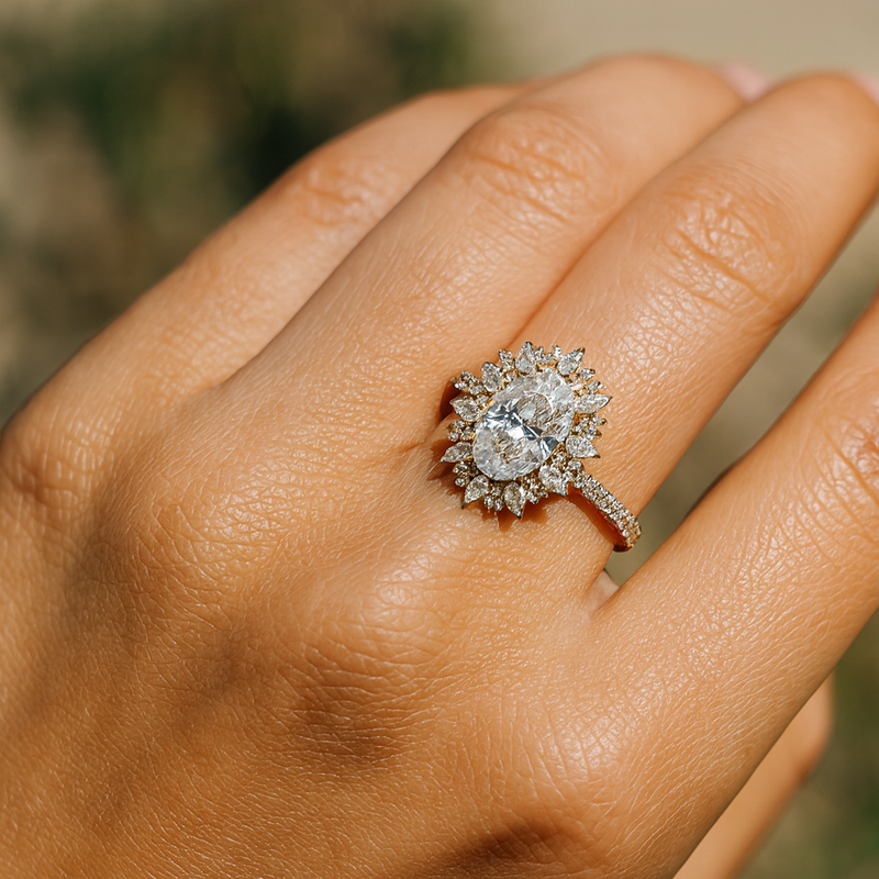 Lab Grown Oval Cut Floral Diamond Engagement Ring (2.55 CTW LB) in 14K Gold